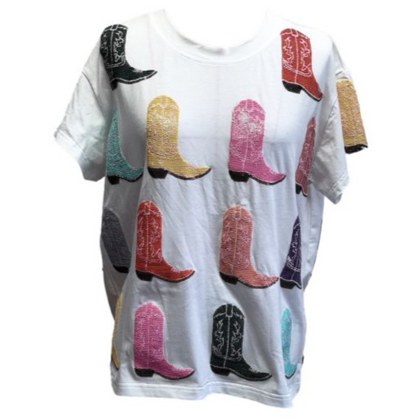 WHITE MULTI COWBOY BOOT TEE QUEEN OF SPARKLES