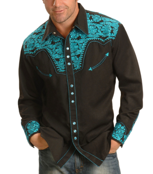 Floral Embroidered Rockabilly Shirt - Turquoise