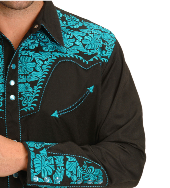 Floral Embroidered Rockabilly Shirt - Turquoise