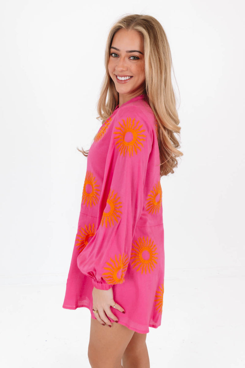 Bright pink embroidered sun print romper for women, J.Marie summer collection