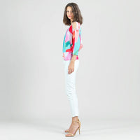 Open Shoulder Blouson Waist Top - Petal Watercolor