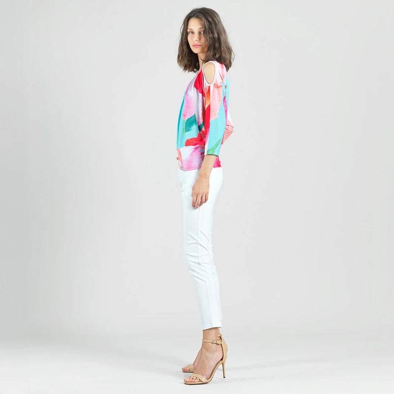 Open Shoulder Blouson Waist Top - Petal Watercolor