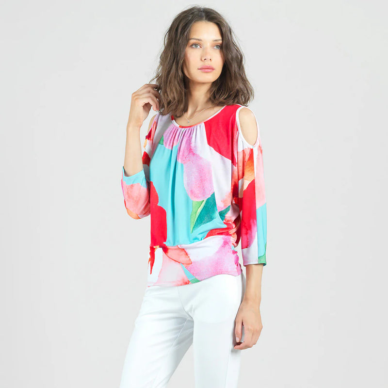 Open Shoulder Blouson Waist Top - Petal Watercolor