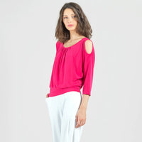 Open Shoulder Blouson Waist Top - Hot Pink