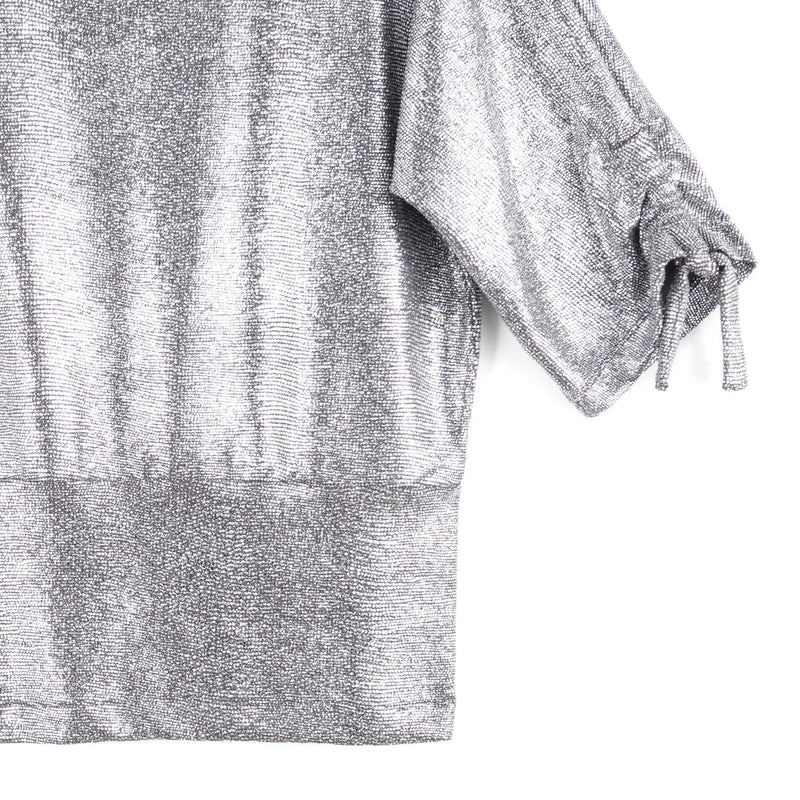 Glitter Foil - Pull-Tie Cuff Blouson Top - Gunmetal