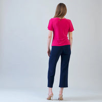 Flounce Sleeve Stitch Overlay Top - Hot Pink