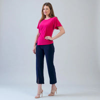 Flounce Sleeve Stitch Overlay Top - Hot Pink