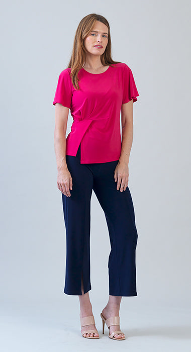 Flounce Sleeve Stitch Overlay Top - Hot Pink
