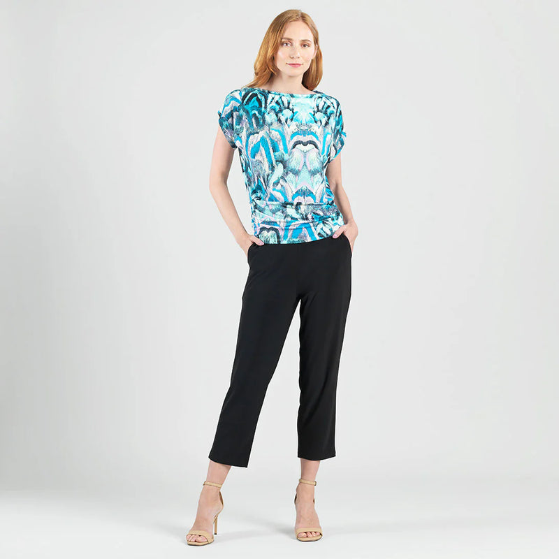 Side Ruched Boat Neck Top - Abstract Prism