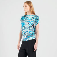 Side Ruched Boat Neck Top - Abstract Prism