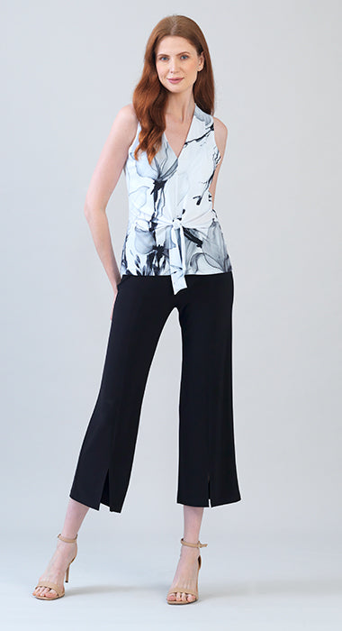 floral sketch V-neck front tie sleeveless soft knit top