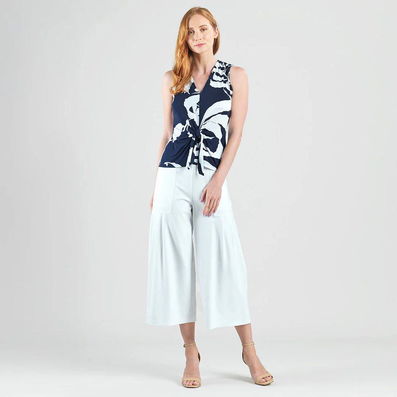 Sleeveless V-Neck Center Front Tie Top - Abstract Branch