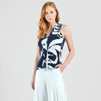 Sleeveless V-Neck Center Front Tie Top - Abstract Branch