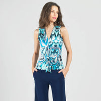 Sleeveless V-Neck Center Front Tie Top - Abstract Prism