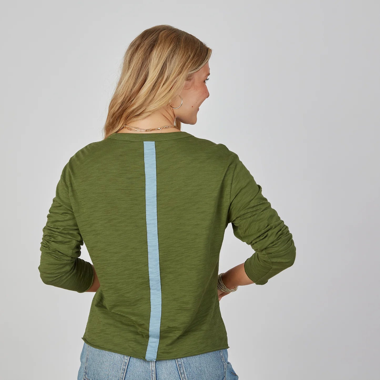 Relaxed Crew Green w/ Denim Blue Stripe