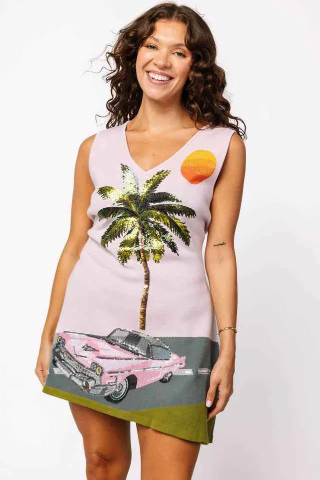 Light Pink Vintage Car On Street With Palm Tree Sweater Dress