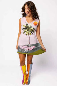 Light Pink Vintage Car On Street With Palm Tree Sweater Dress