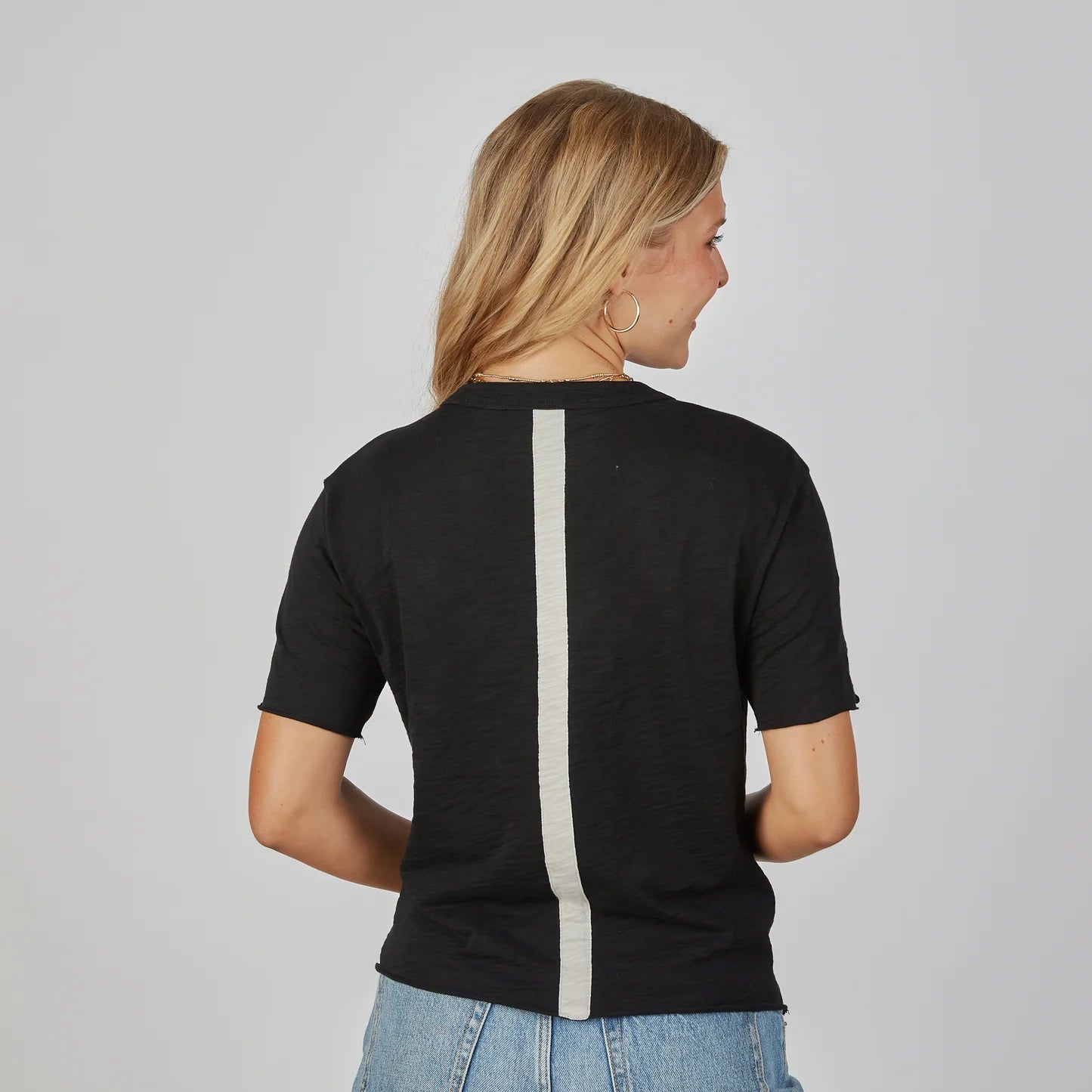 Relaxed Crew in Black w/ Oyster Stripe