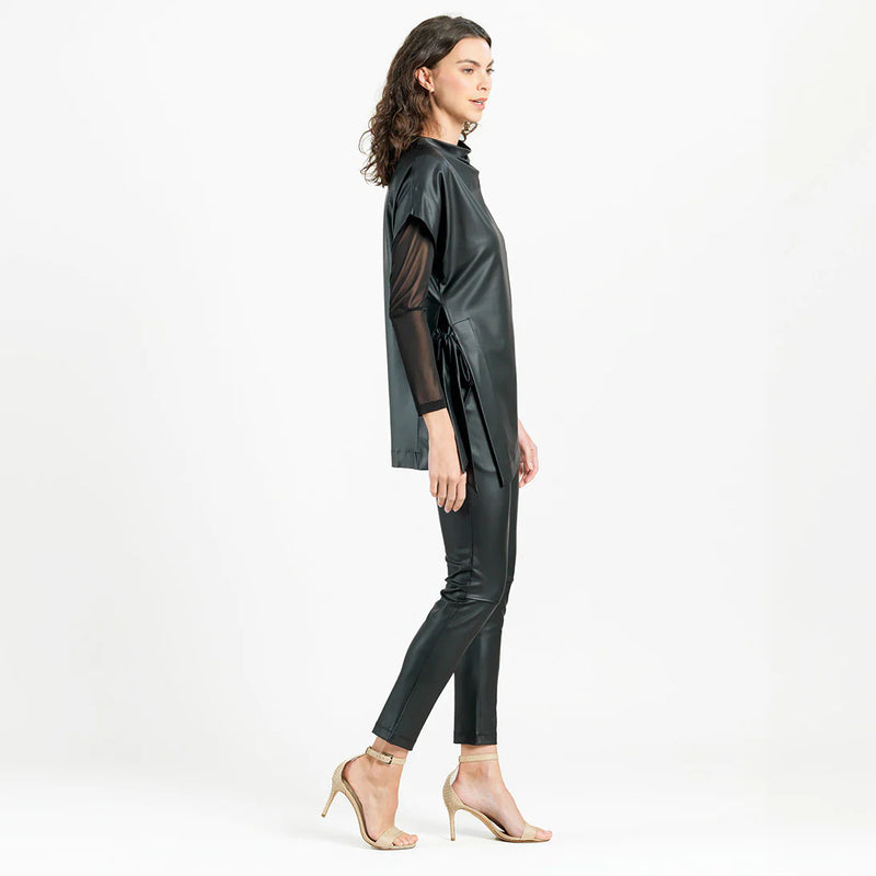 Liquid Leather™ - Funnel Neck Side Vent Tie Tunic - Black