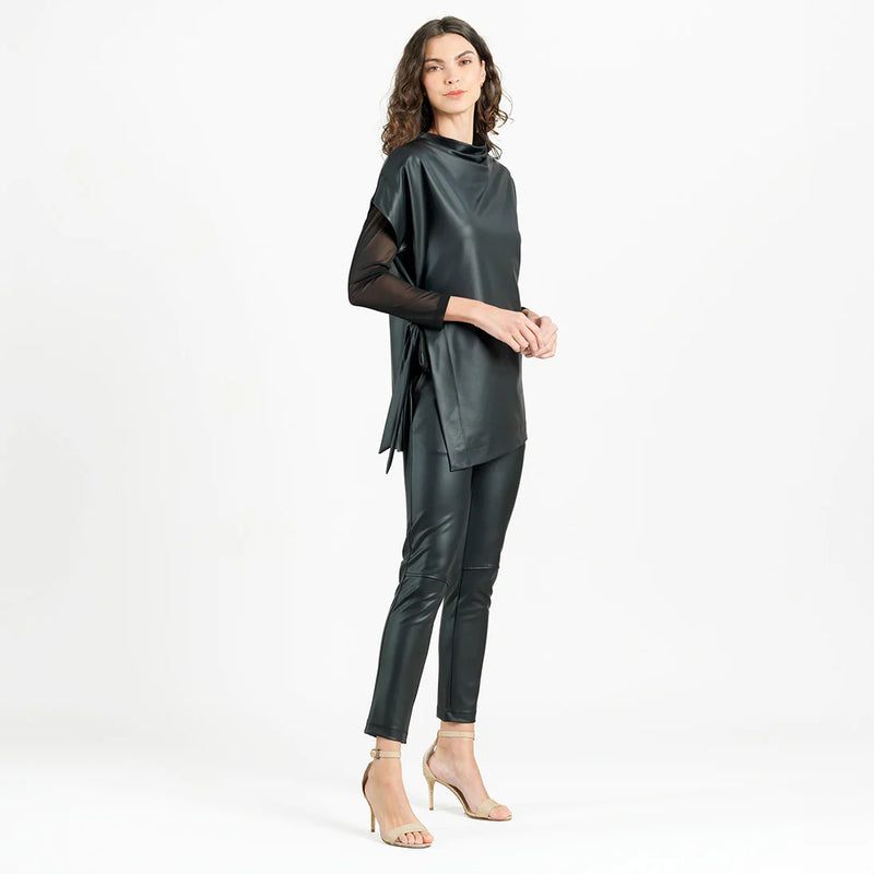 Liquid Leather™ - Funnel Neck Side Vent Tie Tunic - Black