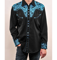 Floral Embroidered Rockabilly Shirt - Turquoise