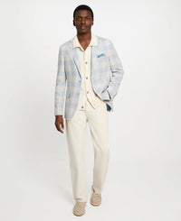 Man wearing a light blue checkered blazer over a white shirt with beige pants on a white background