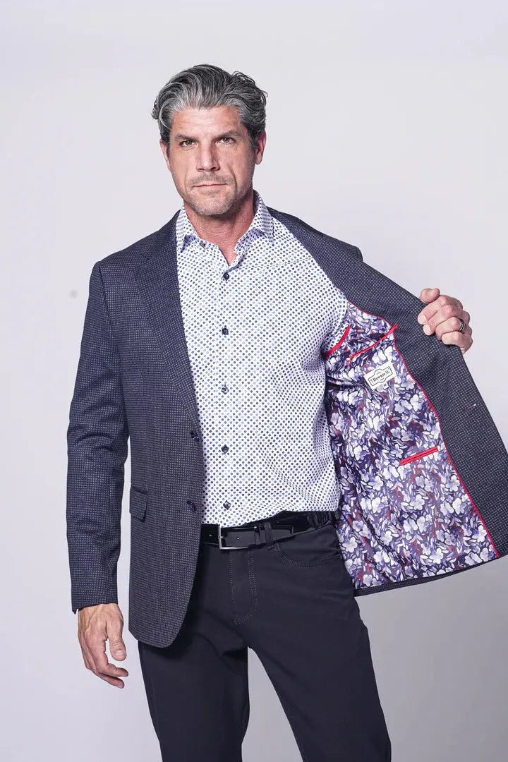 Welland Sport Coat – Navy Tonal Microcheck Stretch Knit 7 Downie St.