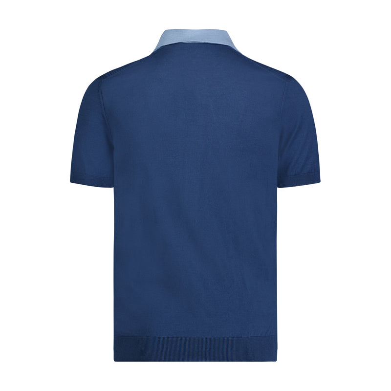 Blue Jacquard Short Sleeve Knit Polo