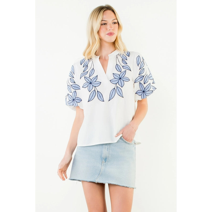Puff Sleeve Floral Embroidery V-Neck Top