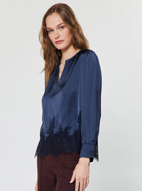 Navy Lace Hem Satin Blouse