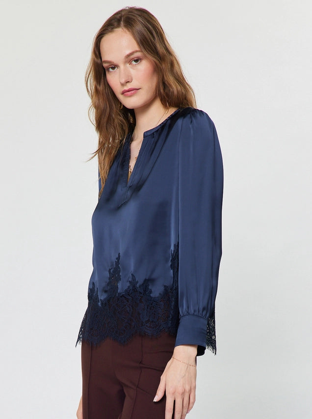 Navy Lace Hem Satin Blouse