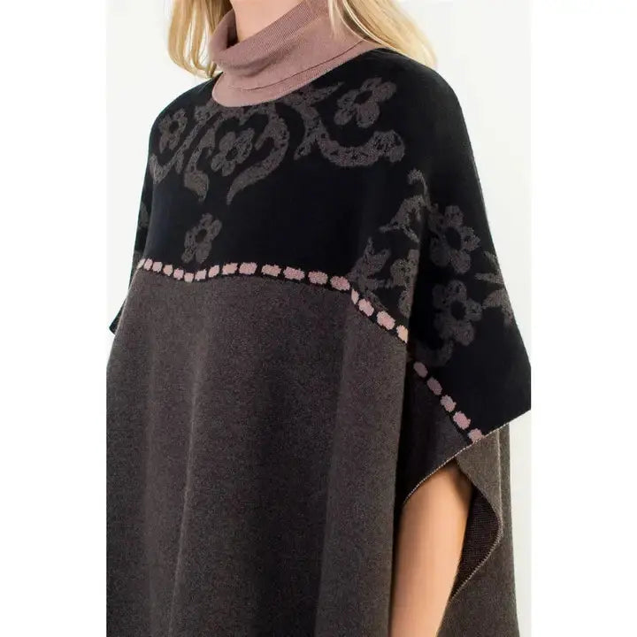Jacquard Floral Knit Poncho THML