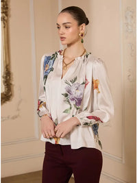 Floral Printed Ruffled Neck Long Sleeve Blouse