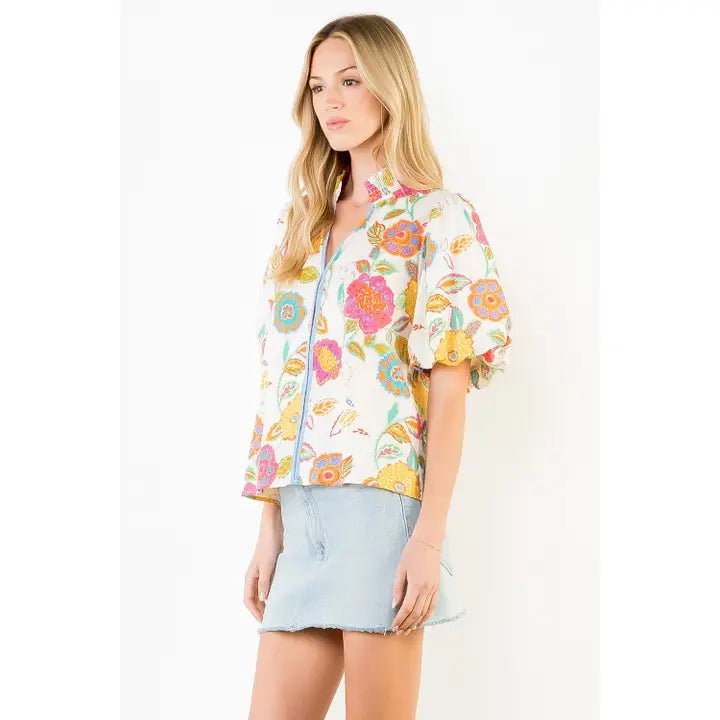 Puff Sleeve Floral Pattern V-Neck Top