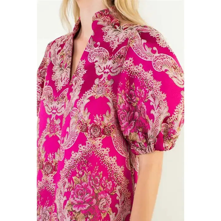 Puff Sleeve Floral Embroidery Detail Dress THML