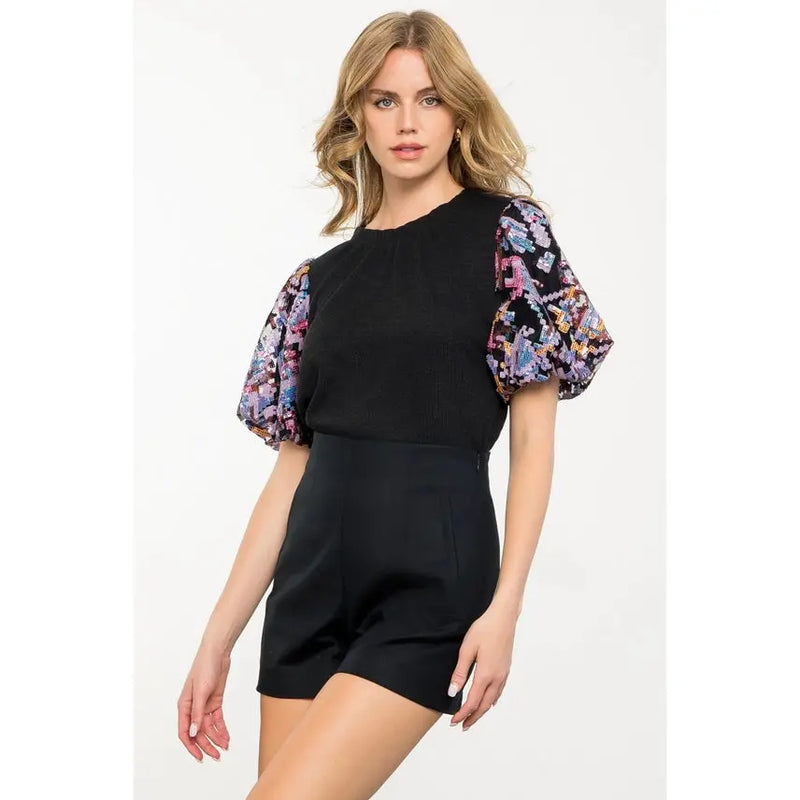 Sequin Puff Sleeve Knit Top THML