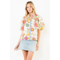 Puff Sleeve Floral Pattern V-Neck Top
