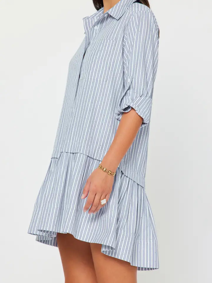Pinstriped Rhinestone Mini Shirt Dress