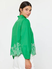 Embroidered Border Long Sleeve Blouse - Spring Green