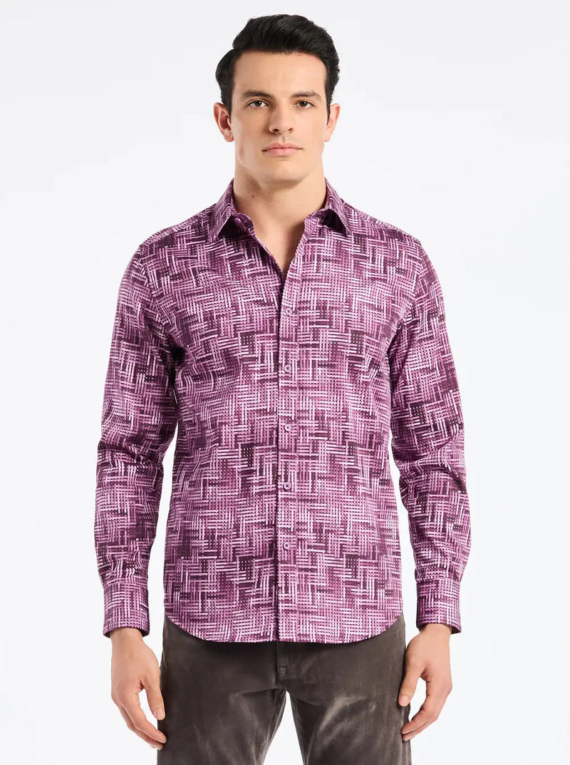 Berkley Berry Sport Shirt – Abstract basket weave tile print front view