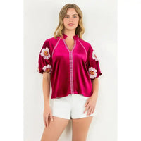 Embroidered Detail Velvet Puff Sleeve Top THML