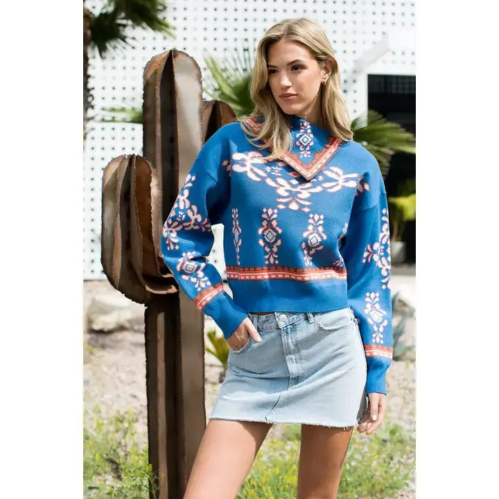 Scarf Neck Sweater - Blue Joh Apparel