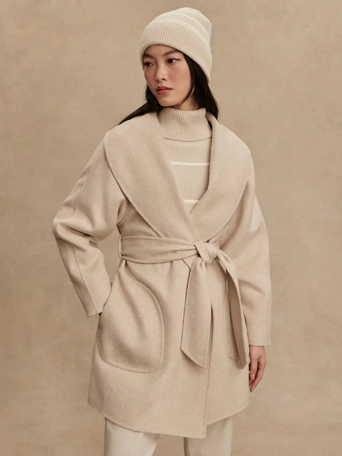 Front view of Varley Edgemere Wrap Jacket in double-faced wool blend, relaxed fit