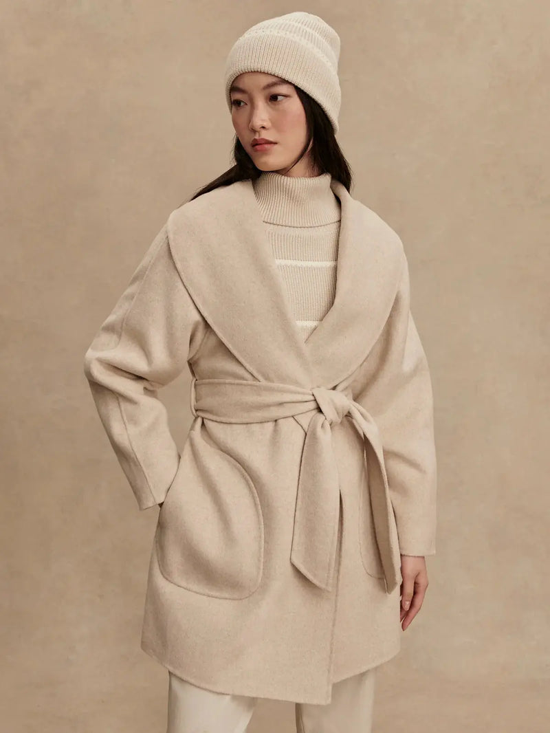 Front view of Varley Edgemere Wrap Jacket in double-faced wool blend, relaxed fit