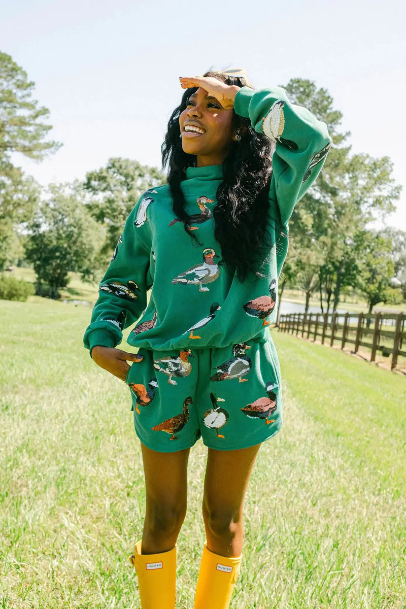 Dark Green Duck Mock Neck Sweatshirt Queen of Sparkles
