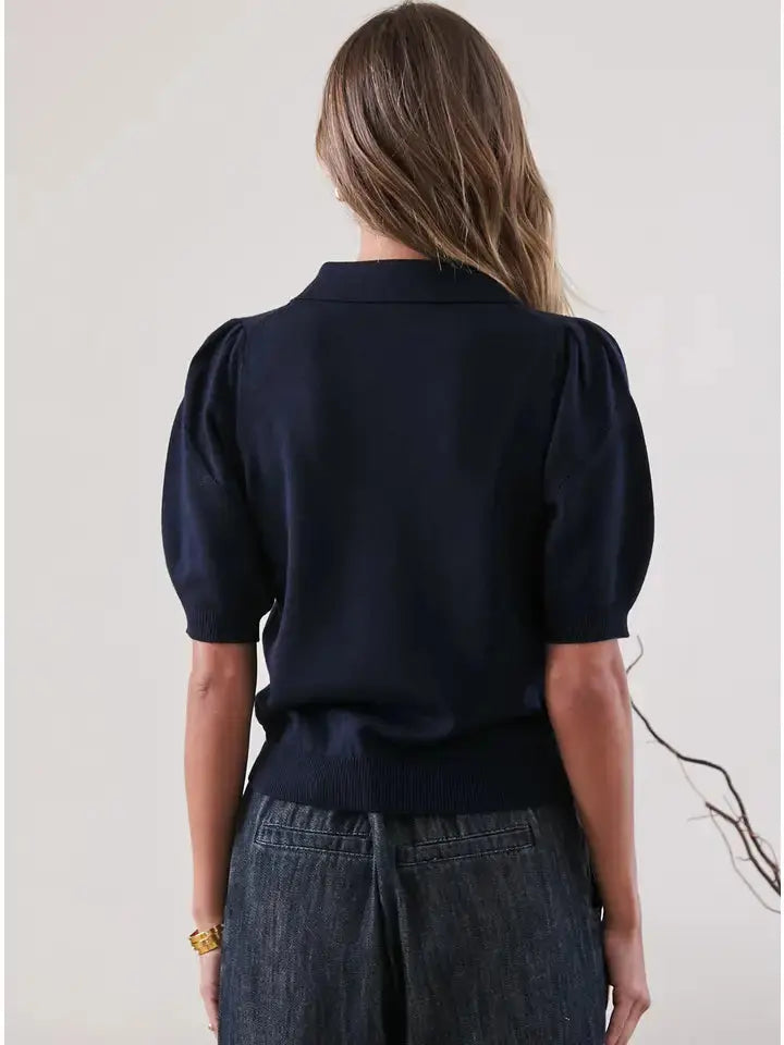 Navy Ribbed Short Sleeve Polo Knit Top Current Air