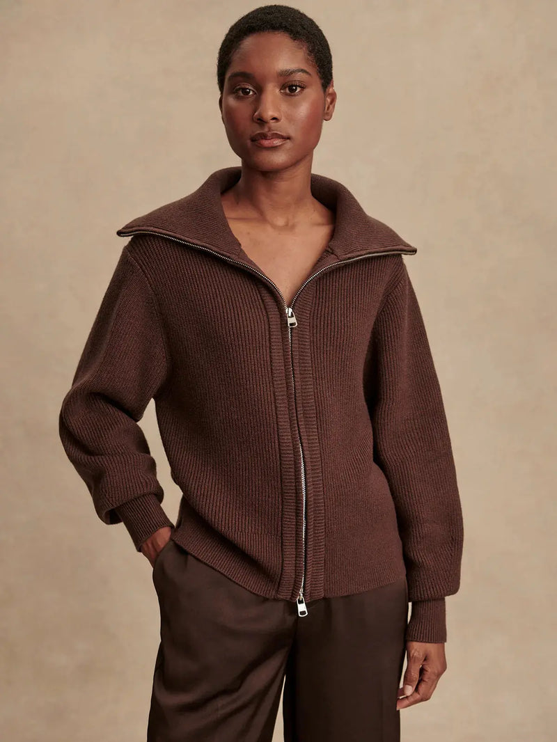 Front view of Varley Enrico Knit Jacket in Coffee Bean, women’s relaxed fit knit layering jacket