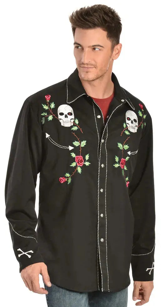 Skull & Roses Embroidered Rockabilly Shirt - Lansky Bros.