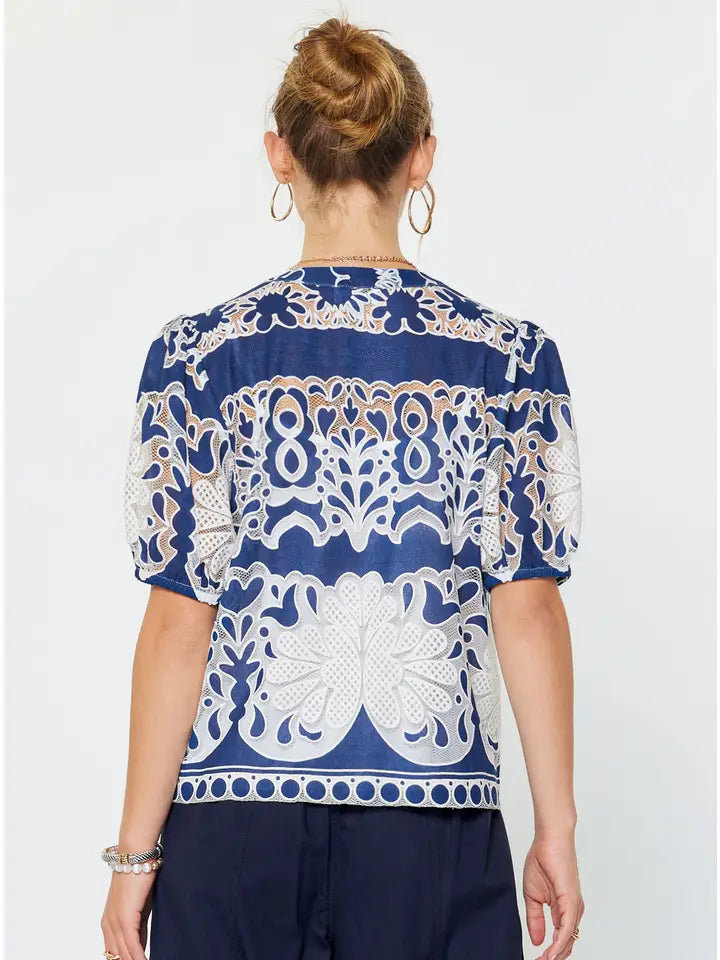 Embroidered Short Puff Sleeve Blouse