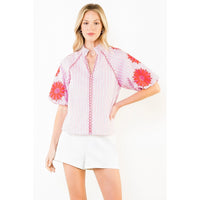 Floral Embroidery Puff Sleeve Striped V-Neck Top